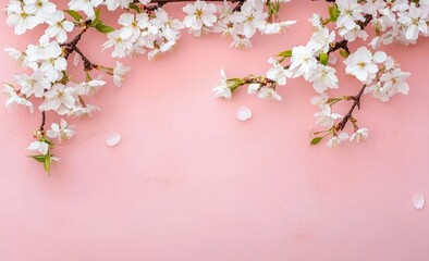 Obraz premium Blossoms of joy awaken spring against a soft pink backdrop in a delightful floral display