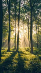 Fototapeta premium Sunlit Forest Serenity: Capturing the awe-inspiring beauty of a sun-dappled forest, with towering trees reaching towards the sky, as sunlight streams through the canopy.