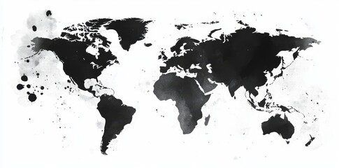 Fototapeta premium A world map rendered in dark gray watercolor, displaying all continents, is set on a white background, ideal for symbolizing travel and geography concepts