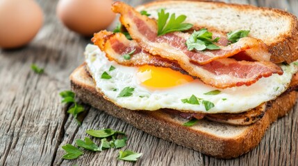 Sunny Side Up Egg Sandwich with Crispy Bacon on Rustic Wooden Board a Gastronomic Breakfast Delight