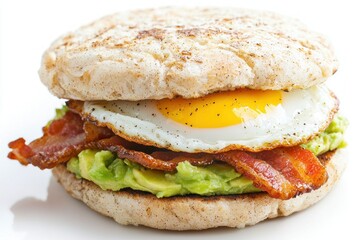 Delicious breakfast sandwich with english muffin egg avocado and crispy bacon on white background for food blog