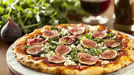 Mouthwatering fig pizza with prosciutto and arugula served with red wine artisan gourmet delicious food style background