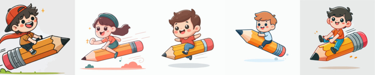 Vector illustration of a child riding a flying pencil