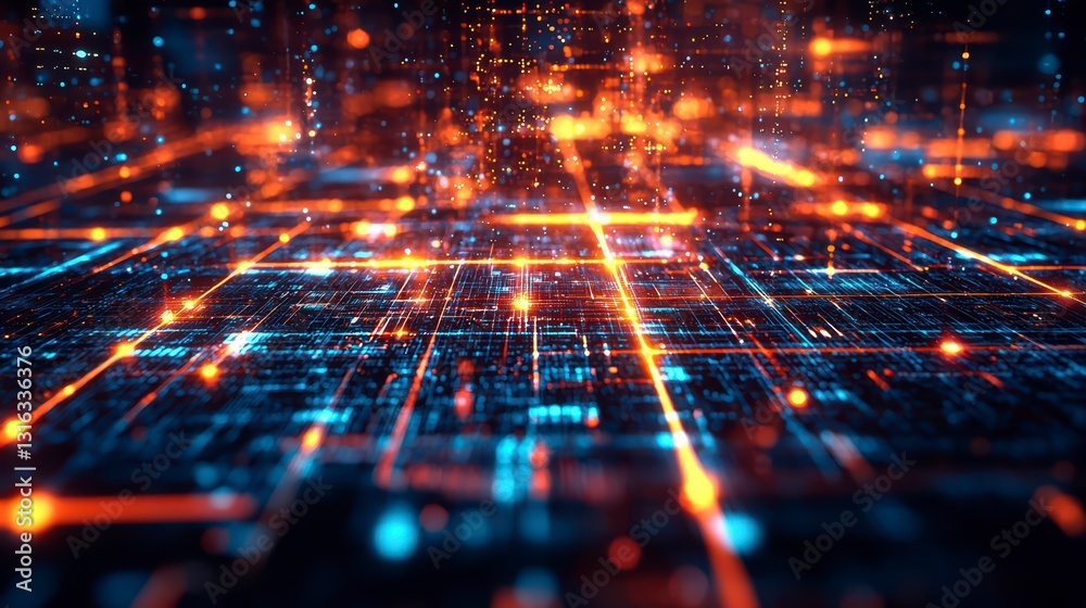 Poster digital network: futuristic, vibrant digital network with glowing lines of data streaming across a g