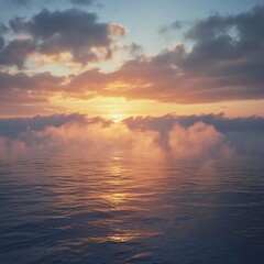 Naklejka premium A cloud-like mist rising above a calm ocean at dawn