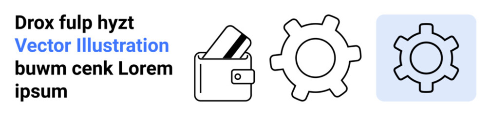 Wallet holding a credit card, a black-and-white gear icon, and a colorful outlined gear symbol with surrounding text. Ideal for finance, settings, automation, technology, user interface, ecommerce