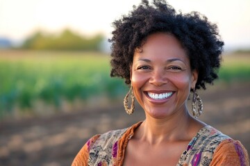 smiling portrait of a 40 years old african american woman working on a farm field