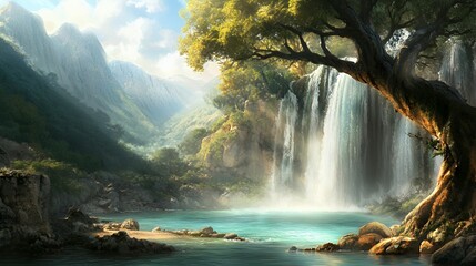 Serene Waterfall Landscape in Lush Green Mountain Valley