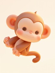 Naklejka premium An adorable cartoon monkey is floating in a soft neutral background