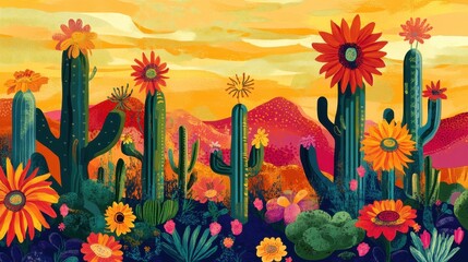 Colorful artistic depiction of desert plants flowers and landscape