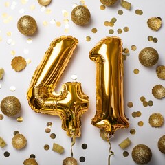 Fototapeta premium Gold balloon number 41 for forty-first birthday or anniversary party. White background with confetti
