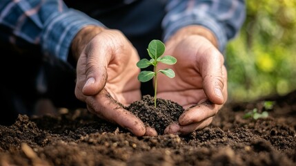 Planting Hope: Man Hands Holding Sprout in Soil 