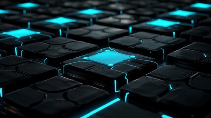 Obraz premium Digital Cubes: A close-up captures a futuristic grid composed of dark, textured cubes, some emitting a vibrant cyan glow, creating a captivating interplay of light and shadow. 