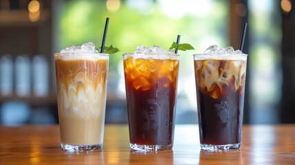A symphony of iced beverages: a refreshing iced coffee, a frothy iced cappuccino, and yet another iced coffee, a testament to the versatility of this beloved cold brew.