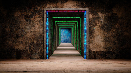 Obraz premium futuristic hallway with illuminated doorways in vibrant colors, creating surreal atmosphere. textured walls add depth to scene, enhancing sci fi aesthetic
