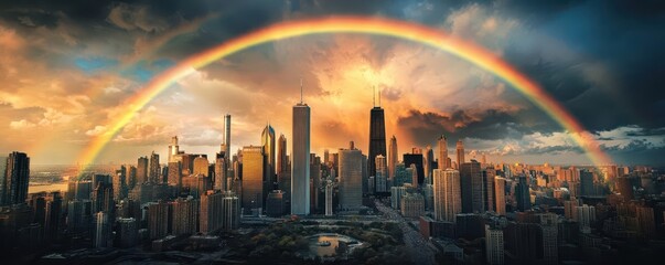 Spectacular Rainbow Over Urban Skyline During Dramatic Sunset