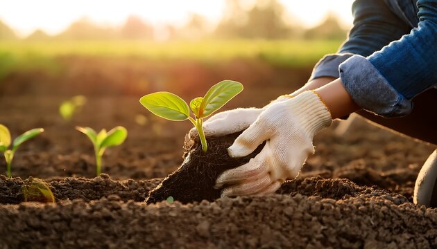 "Close-Up of Farmer's Hands Planting Seedling in Regenerative Agriculture Field"