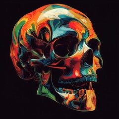 Colorful skull, vibrant paint, dark background.