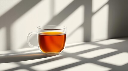 Amber Tea in a Clear Glass Mug on White Surface with Light and Shadow