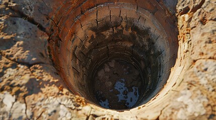 An image of an empty water well, showing the dry bottom and worn sides.