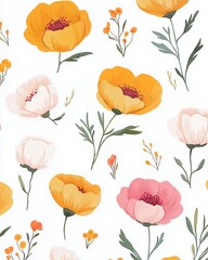 Pretty Seamless Floral Pattern Design Yellow Pink Flowers art soft white image bloom plant