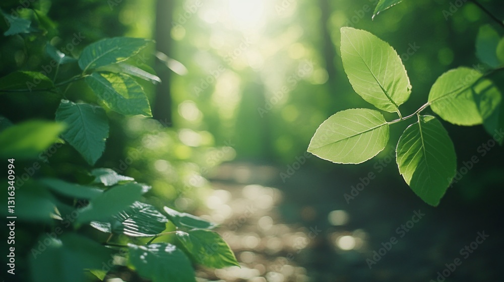 Poster sunlight filters through vibrant green leaves in a lush forest, casting a gentle glow on the winding