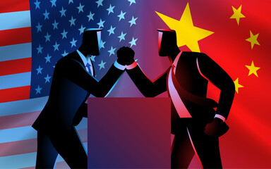 Two faceless businessmen arm-wrestling, representing the geopolitical tensions between the U.S. and China trade, tariffs, and economic war. Concepts of power, negotiation, and conflict