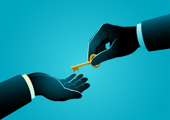 One businessman’s hand passing a golden key to another, representing successor, trust, and mentorship. Conveys themes of business transactions, real estate deals, and career growth