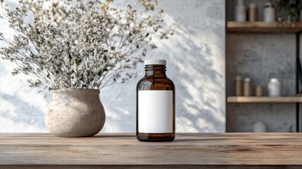 Amber Bottle with Blank Label on Rustic Wooden Table