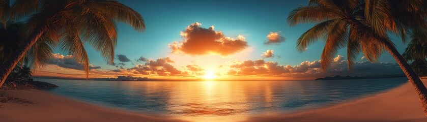 Obraz premium A breathtaking aerial view of a serene beach, framed by swaying palm trees, as the sun sets on the horizon, casting vibrant hues of orange, pink, and purple across the sky and water.