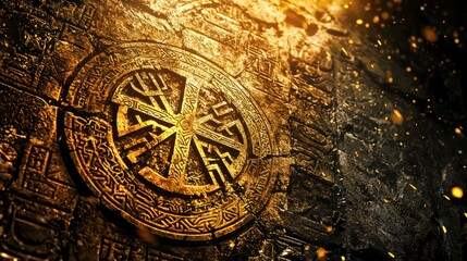 Ancient Carving: An ornate circular carving, rendered in detailed golden relief against a weathered stone wall, bathed in dramatic lighting and evoking a sense of mystery and history. 