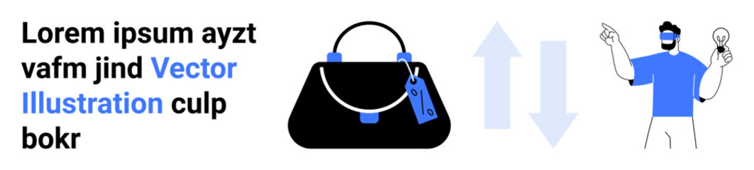 Black handbag with price tag, upward and downward arrows, person pointing while holding light bulb. Ideal for retail, e-commerce, innovation, solution, sales, fashion flat landing page banner