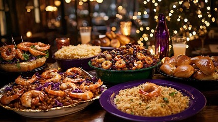 Colorful Seafood Feast with Shrimp, Rice, and Delicious Sides