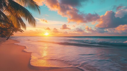 A breathtaking aerial view of a serene beach, where golden sands meet gentle waves, framed by lush palm trees swaying in the warm breeze, under a vibrant sunset sky painted in hues of orange and pink.