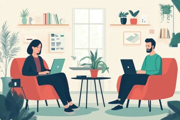Fototapeta premium professional couple sitting in a living room, processing online payments via their laptops, with financial software open on the screen.