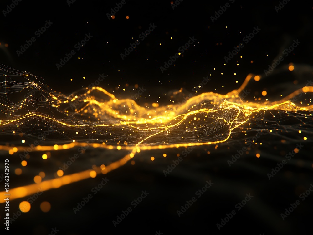 Poster golden luminescence cascade, network plexus on dark digital rendering