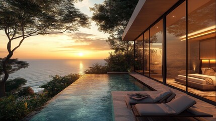 Fototapeta premium Luxury Bedroom in Villa with Glass Wall and Private Terrace Overlooking Infinity Pool