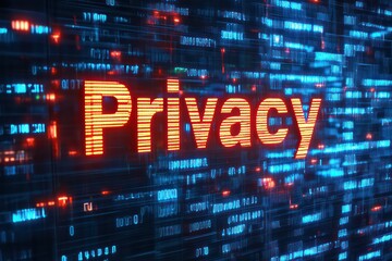 The word "Privacy" in bold font, surrounded by random sequences of numbers and letters, representing encryption and cybersecurity in the digital age.