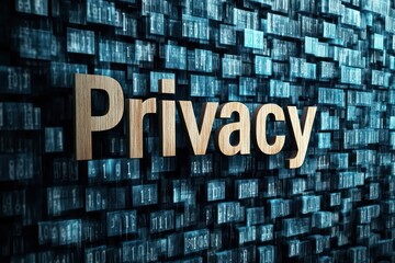 The word "Privacy" in thick sans-serif font, placed over a stream of random alphanumeric characters, representing encryption and data protection.