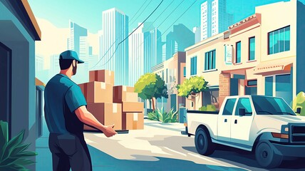 Blue collar job appreciation Delivery person in urban environment with boxes.