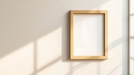 Minimalist wood frame surrounding empty white space, hanging on neutral background