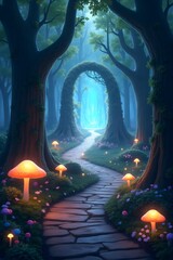 Magical Forest Walkway with Glowing Mushrooms Leading to a Bright Portal