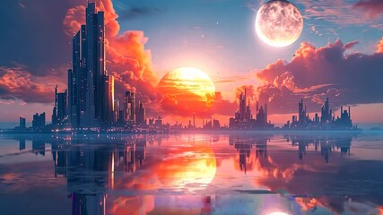 Futuristic Cityscape at Sunset with Double Celestial Bodies - Powered by Adobe