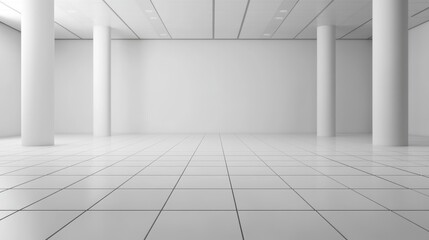 Fototapeta premium Empty white interior space with columns and tiled floor
