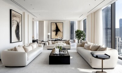 Luxurious modern living room with city view, featuring beige sofas, large windows, and abstract art.