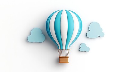 Obraz premium 3D Render: Blue and White Striped Hot Air Balloon Floating Amongst Clouds AI Generated