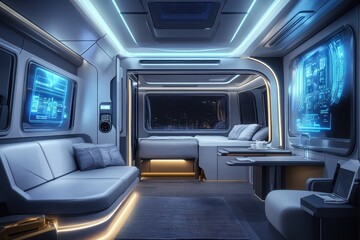 Fototapeta premium A futuristic interior scene with digital displays and integrated lighting