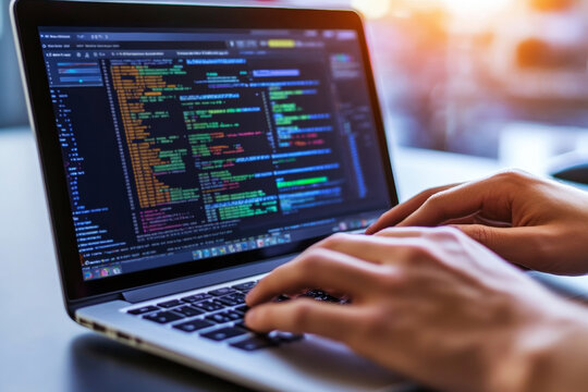 Close-up shot of hands actively typing SQL queries on a laptop. The screen showcases intricate and colorful database tables, reflecting a focused coding environment and a tech-savvy atmosphere