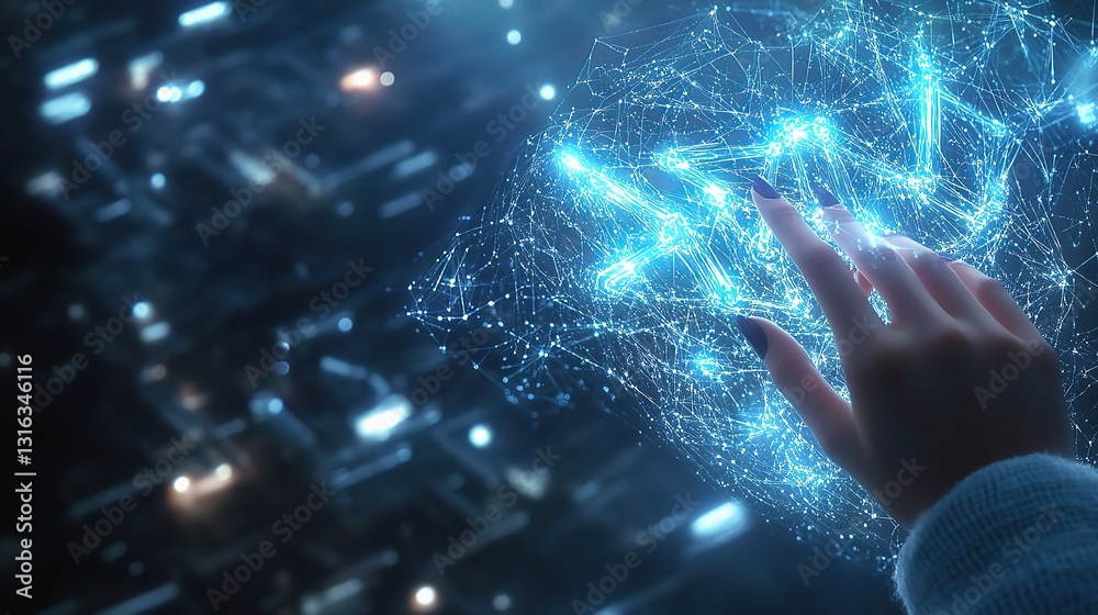 Poster digital neural network concept with hand touching data visualization