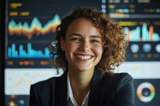 A data analyst confidently poses for the camera, showcasing charts and graphs on a screen behind them in a modern office setting, highlighting data-driven insights and their expertise